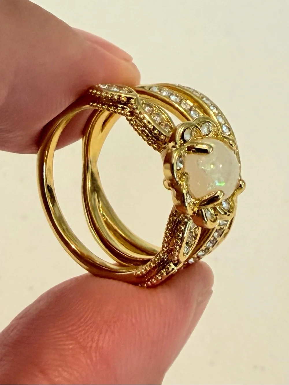 Gold Opal Floral Halo Bridal White Ring.